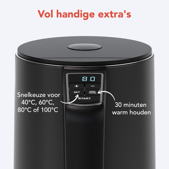 KitchenBrothers Wasserkocher - Elektrisch - 1,5L - 2200W - Einstellbare Temperaturregelung - Doppelwandig - Edelstahl-Wasserkocher - Schwarz