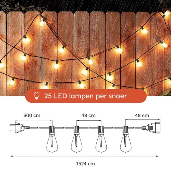 Partizzle 15m LED Lichterkette Edison - 25 Lampen Girlande - Wasserfeste Lichtergirlande für Terrasse und Camping - Weihnachtsbeleuchtung / Gartenbeleuchtung - 2700k / Warmweiß