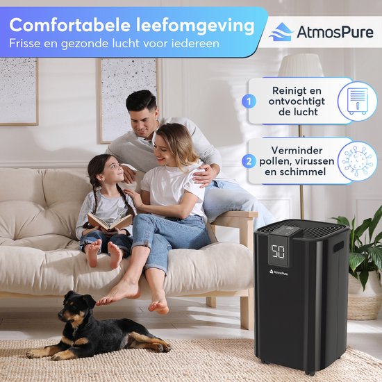 AtmosPure® Luftentfeuchter AirDry Elite - 12 l pro Tag - Waschtrockenfunktion - Luftreiniger perfekt für Waschküche, Bad, Wohnzimmer und Keller - Schwarz - Luftentfeuchter