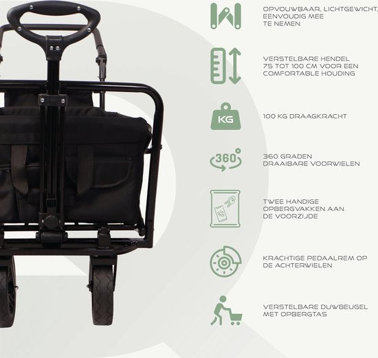BRASQ Bolderkar Foldable Deluxe WC200 - 108L Kapazität - Mit Schiebestange - Leichtgewicht - Bis zu 100 kg Tragfähigkeit - Inklusive 2 Aufbewahrungstaschen - Schwarz