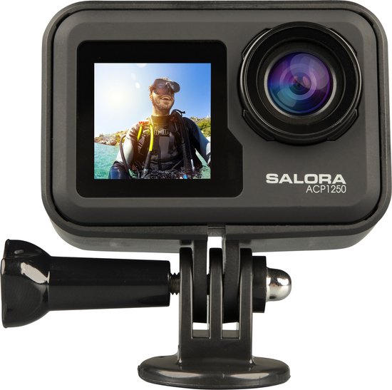 Eine Ultra-HD- (4K-) Dual-Screen-Action-Kamera inklusive Tasche voller Zubehör