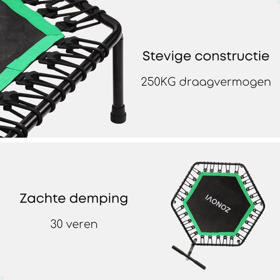 Zonovi Fitness Trampolin - Kapazität 250 KG - Mini-Trampolin - Kleines Trampolin - Sport-Trampolin - Rebounder - Bouncer - Mit Gummibändern - Schwarz - Grün - 106 cm - 42 in.