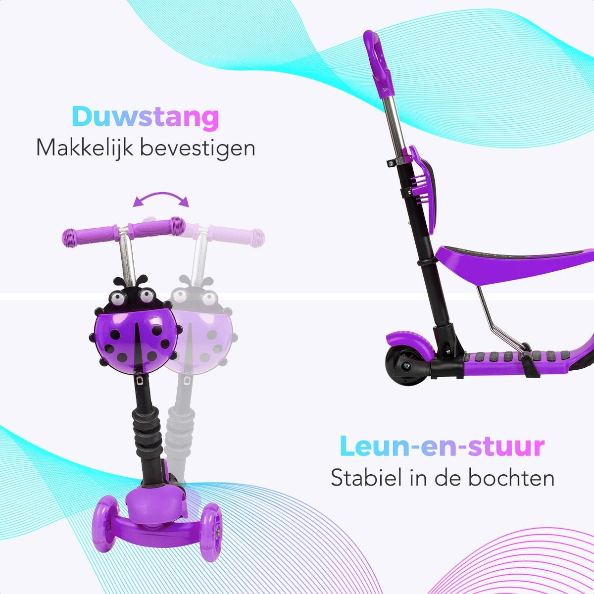 LifeGoods MultiRider - Kinderroller mit Schiebestange - 3 -8 Jahre - Jungen/Mädchen - 3 leuchtende Räder - Lila