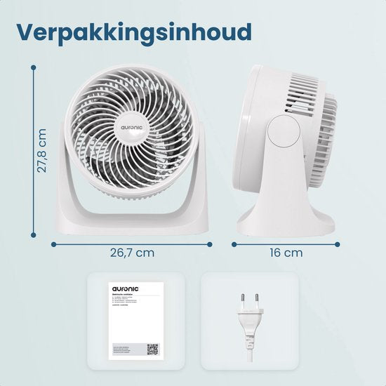 Auronic Tischventilator – 3 Geschwindigkeitsstufen – Mini-Ventilator – Standventilator – Wandmontage möglich – 41 dB – 90°-Oszillation – 7 Meter Luftstrom – Weiß