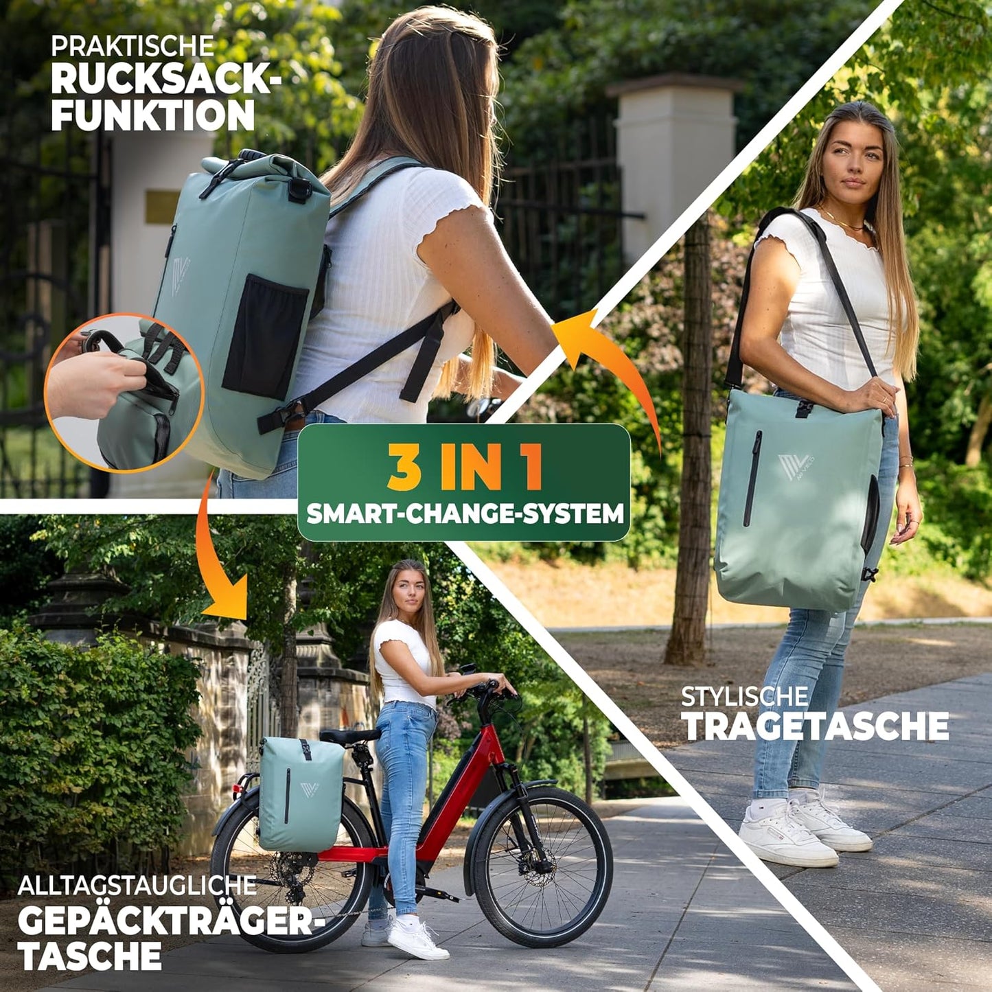 MIVELO 3-in-1 wasserdichte Fahrradtasche mit Laptopfach - PVC-frei - Mint - 20 L