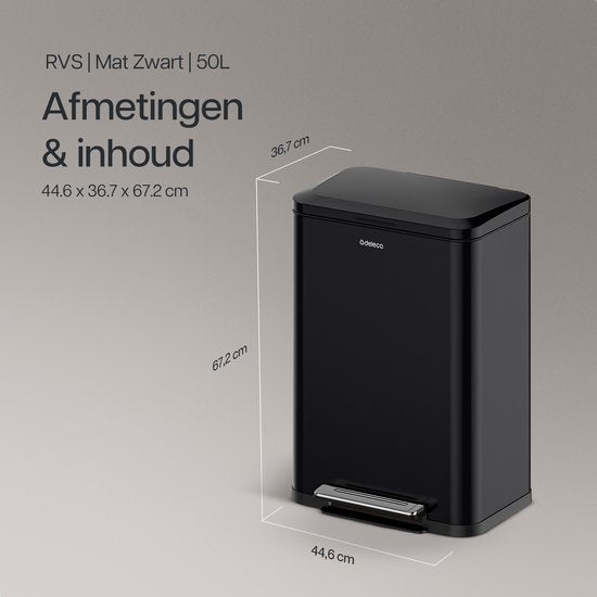 Deleca Mülleimer Prestige - 50 Liter - breit - Edelstahl Mülleimer / Abfallbehälter / Tret-Abfallsammler - mit Fußpedal und Slow Close - Mattschwarz