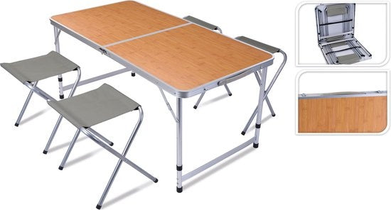 Redcliffs - Campingtisch mit 4 Stühlen - Relax Living - 120 x 60 x 40cm - Grau/Holz