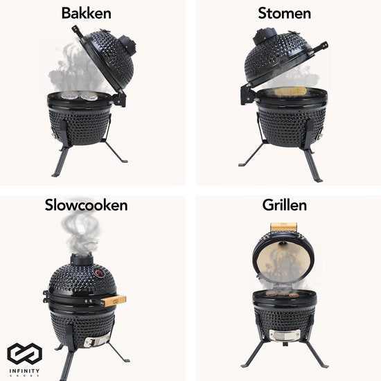Infinity Goods Kamado BBQ Ei - 13 Zoll - Inklusive Abdeckung - Holzkohle BBQ - Ø 27 CM - Schwarz