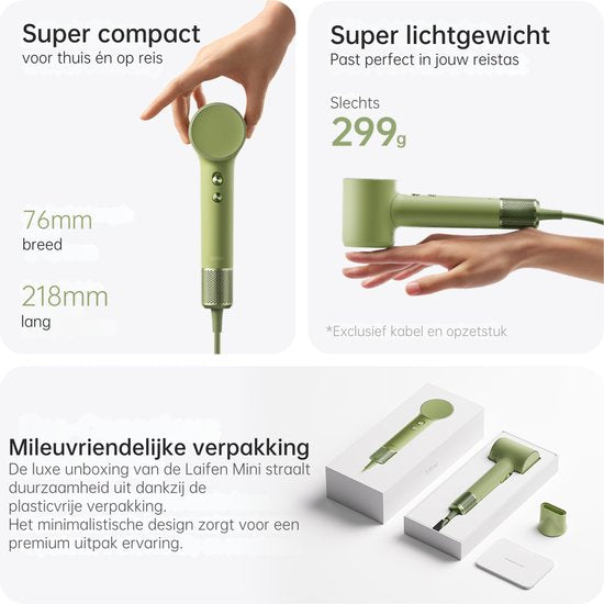 Laifen Mini High Speed Fohn - Grün - Kompakter Haartrockner mit Ionen-Technologie - Mit Kindermodus - 3 Heizstufen - Reisegröße - Reisehaartrockner