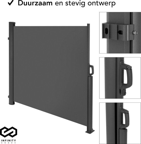 Infinity Goods - Ausziehbarer Windschutz - 300 x 140 cm - Ausziehbar - Einziehbar - Sonnenschutz - Garten, Strand, Terrasse, Balkon, Camping - Sichtschutz - Seitenmarkise - Wetterfest - Anthrazit