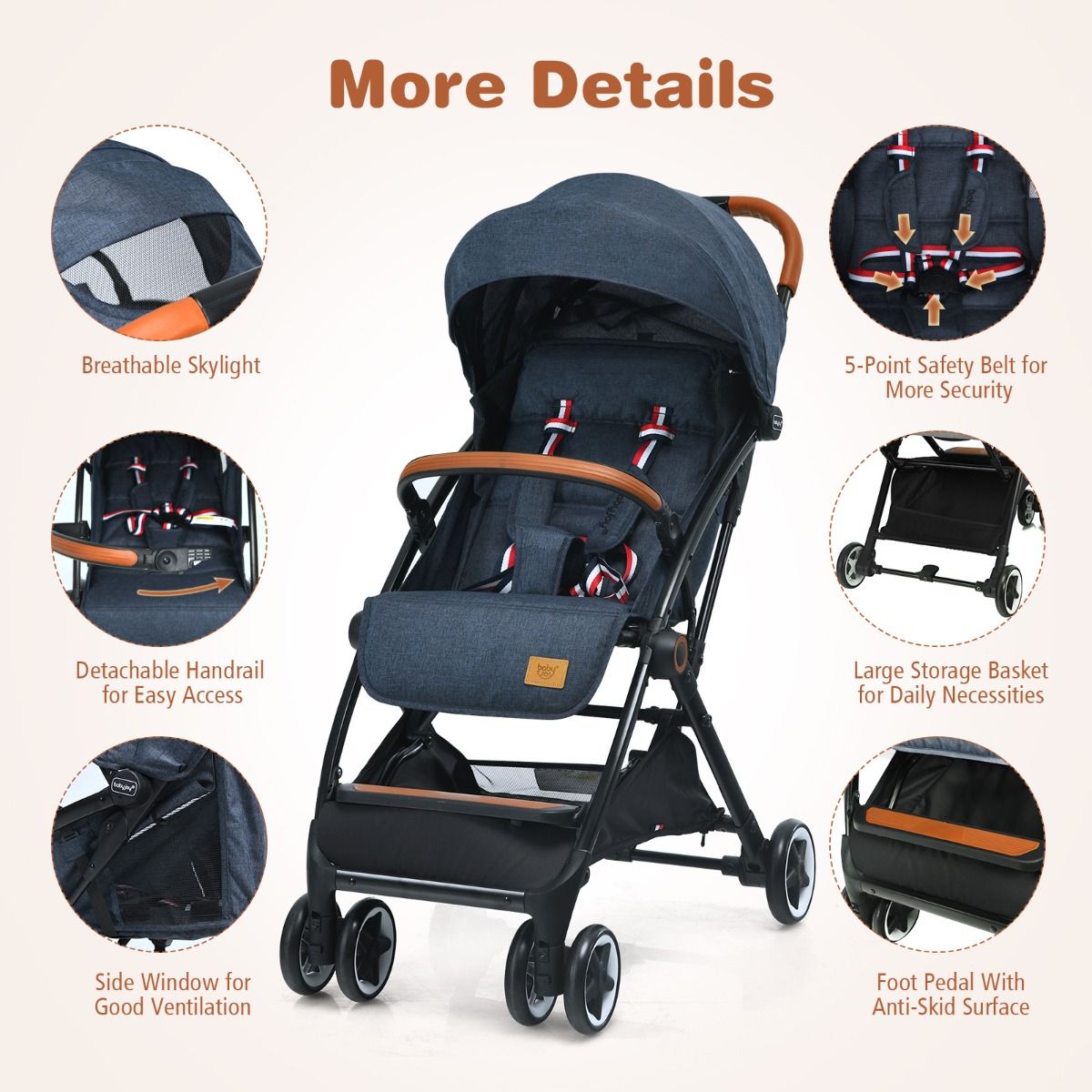 Coast Klappkinderwagen – verstellbare Rückenlehne und Fußstütze – stoßdämpfende Räder – blau