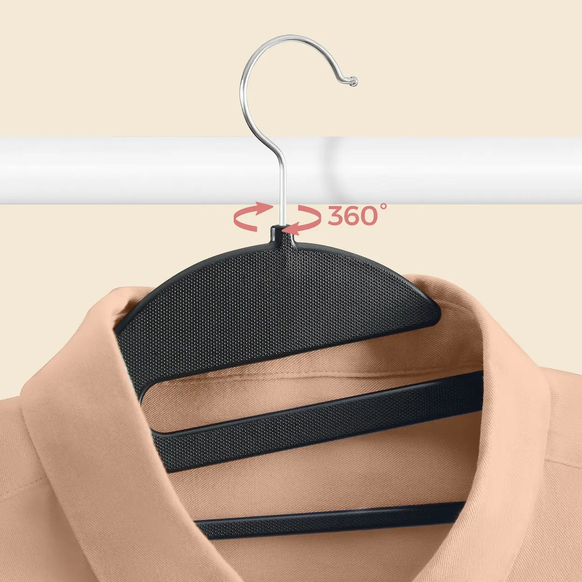 Ochama 50er-Pack Kleiderbügel aus Kunststoff – Schwarz, 41,5 cm lang, ultradünnes Profil (0,5 cm) – U-förmige Öffnung für einfache Handhabung, rutschfest, platzsparend, mit um 360° drehbarem Haken