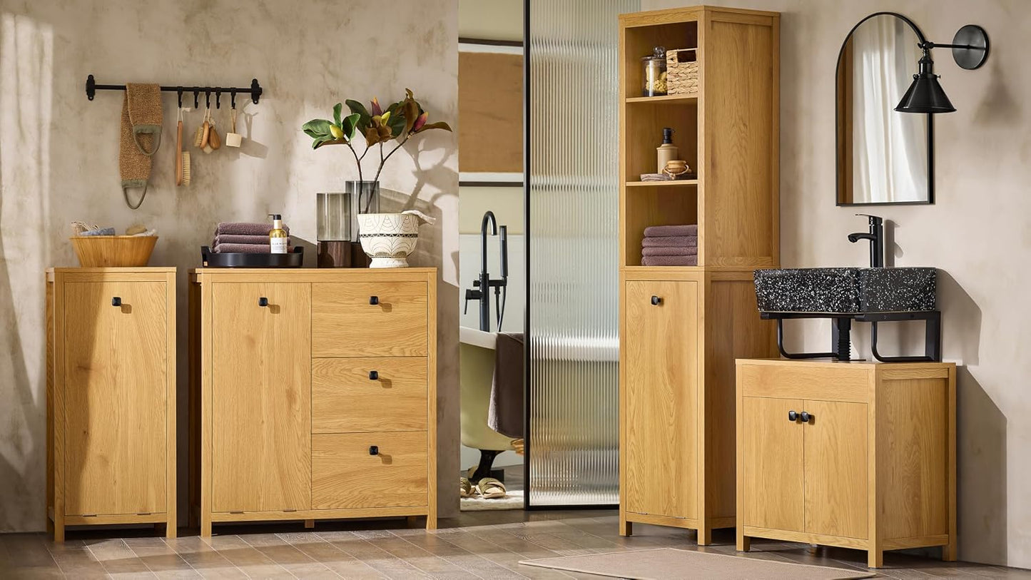 SoBuy Hoher Badezimmerschrank mit Wäschekorb und 3 Einlegeböden – Wandmontage – Holz – 40 x 35 x 173 cm
