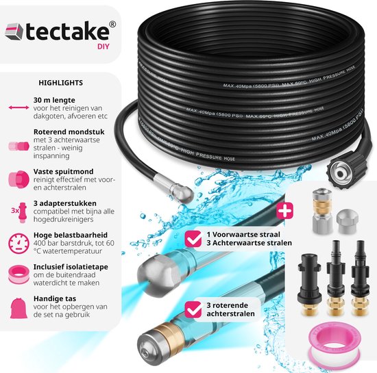 tectake Kanalisationsschlauch - Rohrreinigungsschlauch 2x Rohrreinigungsdüse - Abflussreiniger für Hochdruckreiniger - Rohrreinigung - Abflussleitung - Kanalreiniger - Toilettenreiniger - 30 Meter