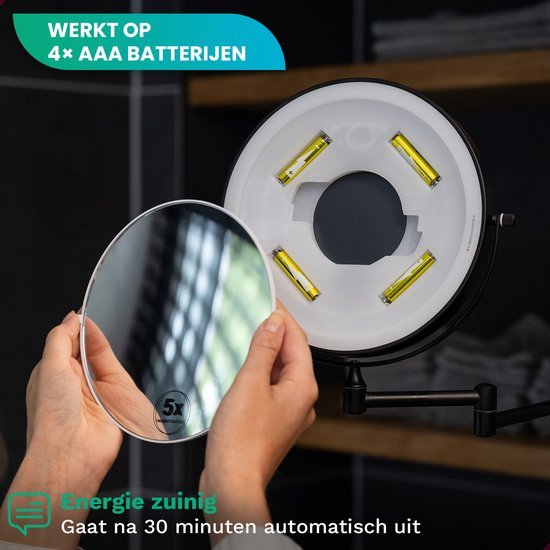 Make-up-Spiegel mit Led-Beleuchtung - 5X Vergrößerung - Wandspiegel rund - Rasierspiegel Wandmodell - Badezimmer - Dusche - Schwarz