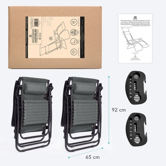 LifeGoods Faltbare Gartenstühle - mit Sonnendach - 2 Stück - 30°-90° verstellbar - Metall - Dunkelgrau