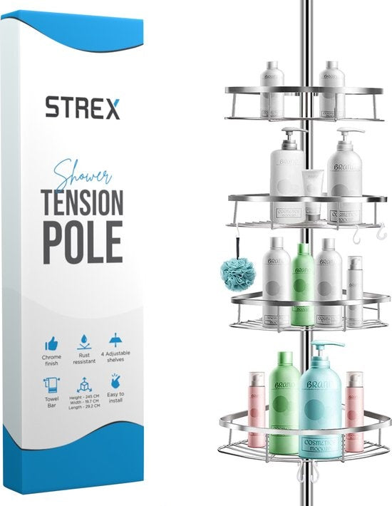 Strex - Teleskop Duschablage - rostfreier Stahl - 70-275 cm - 4 Körbe - ohne Bohren oder Schrauben - Silber