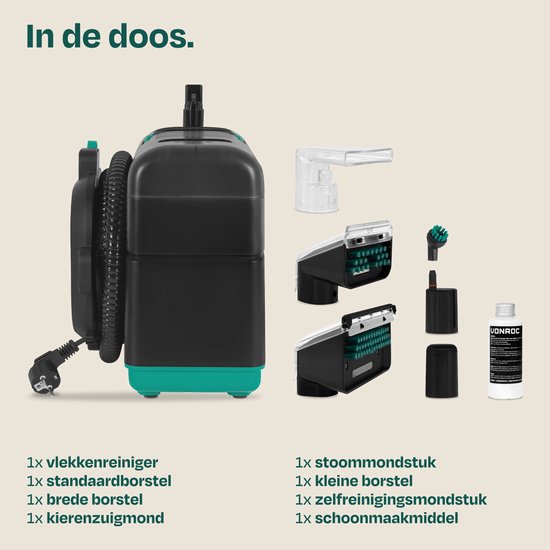 VONROC Fleckenreiniger mit Dampffunktion – Teppichreiniger – Dampfreiniger – 1350 W – 16 kPa Saugkraft – inkl. Aufsätze und Reinigungsmittel