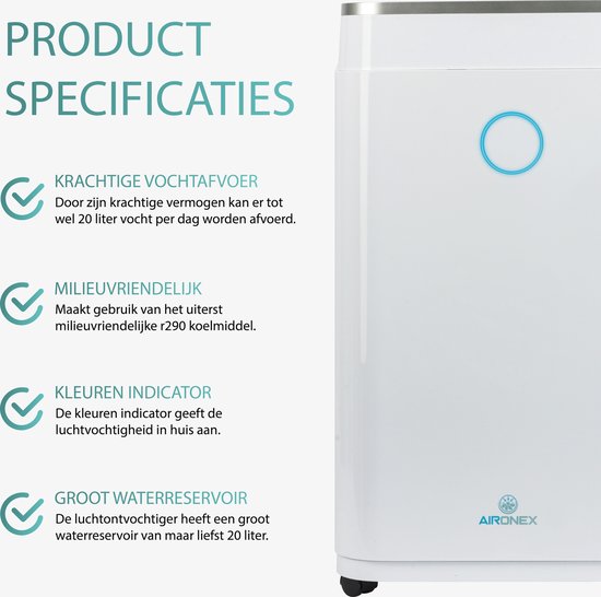 Luftentfeuchter 20 l Aironex - Entfeuchtet 20 Liter pro Tag - Verhindert Schimmelbildung - Geräuschlos - Geeignet für Wohnzimmer, Schlafzimmer, Bad, Keller und Garage - Feuchtigkeitsentferner- Luftentfeuchter und Luftreiniger- Luftentfeuchter Schlafzimmer