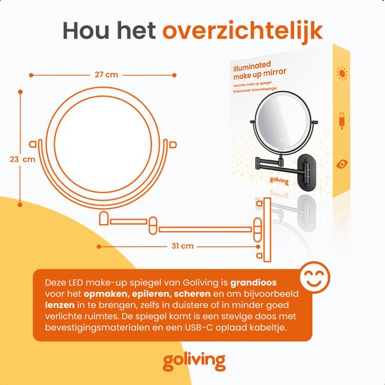 Goliving Make-up-Spiegel mit Beleuchtung - Ø25 cm - 10-fache Vergrößerung - Dimmbarer Make-up-Spiegel - Rasierspiegel - LED-Beleuchtung - USB-C wiederaufladbar - Doppelseitig - 27 x 27 cm - Schwarz
