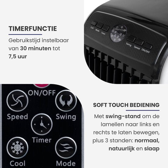 HomeTech FL-1701R Mobiler Luftkühler mit 3 Geschwindigkeiten - Mobiler Luftkühler mit Fernbedienung - 3 Betriebsmodi und Timer - Schwarz/Weiß