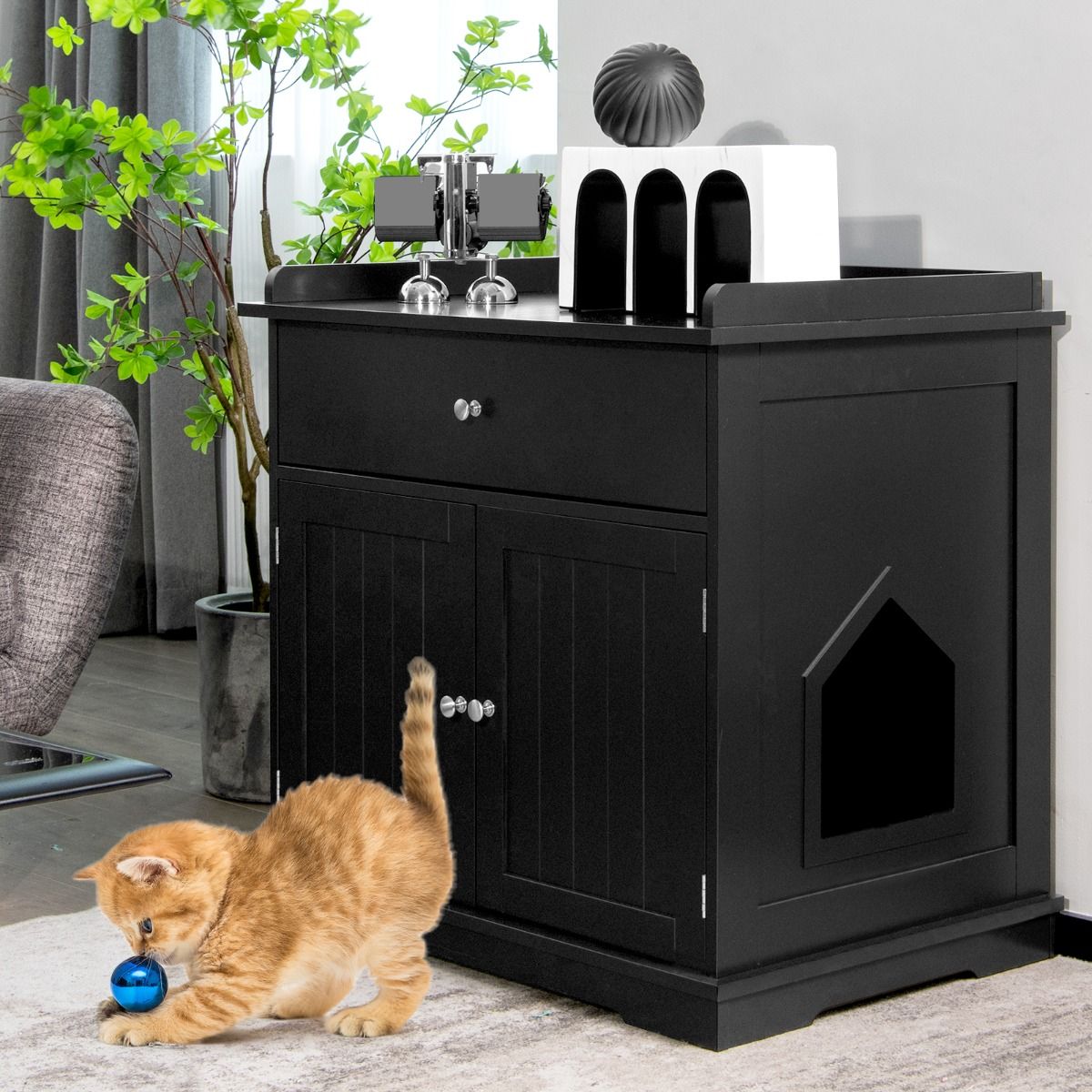 Coast Katzenklo und Katzenhaus mit Schublade und 2 Türen - Schwarz - 76 x 53 x 73,5 cm - Multifunktionaler Beistelltisch