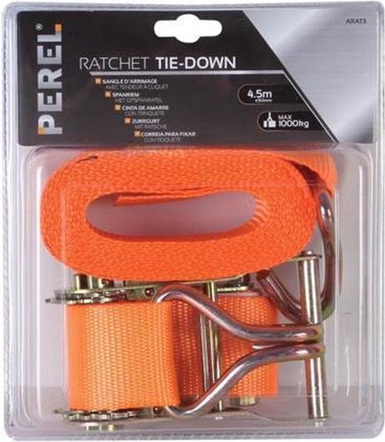 Toolland Zurrgurt, zweiteilig, mit Ratsche und J-Haken, zur Sicherung mittlerer Lasten, max 1000 kg, Polyester, orange, 4,5 m x 50 mm, 1 Stück