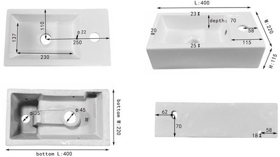 Differnz Hura L Waschbecken-Set – Toilettenwaschbecken aus Keramik – Für Warm- und Kaltwasser geeignet – Farbe: Weiß – Ideal für Toilette oder Badezimmer – Maße: 40 x 22 x 11,5 cm – Gewicht: 6000 Gramm
