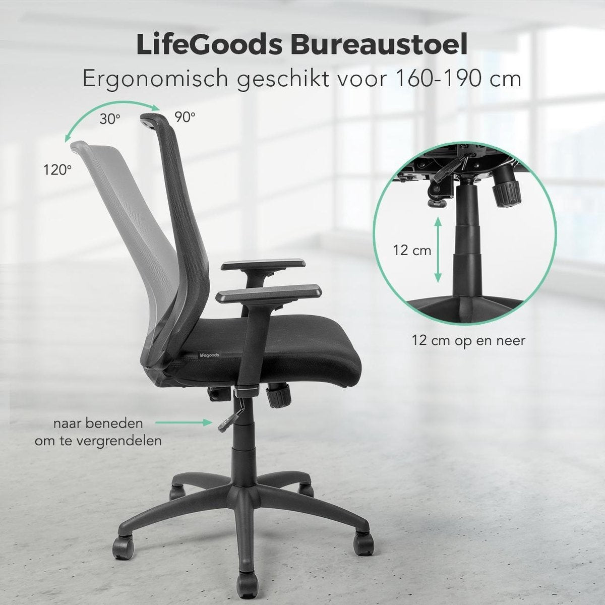 LifeGoods Ergonomischer Bürostuhl - Schreibtischstuhl - Verstellbar - Erwachsene - Schwarz