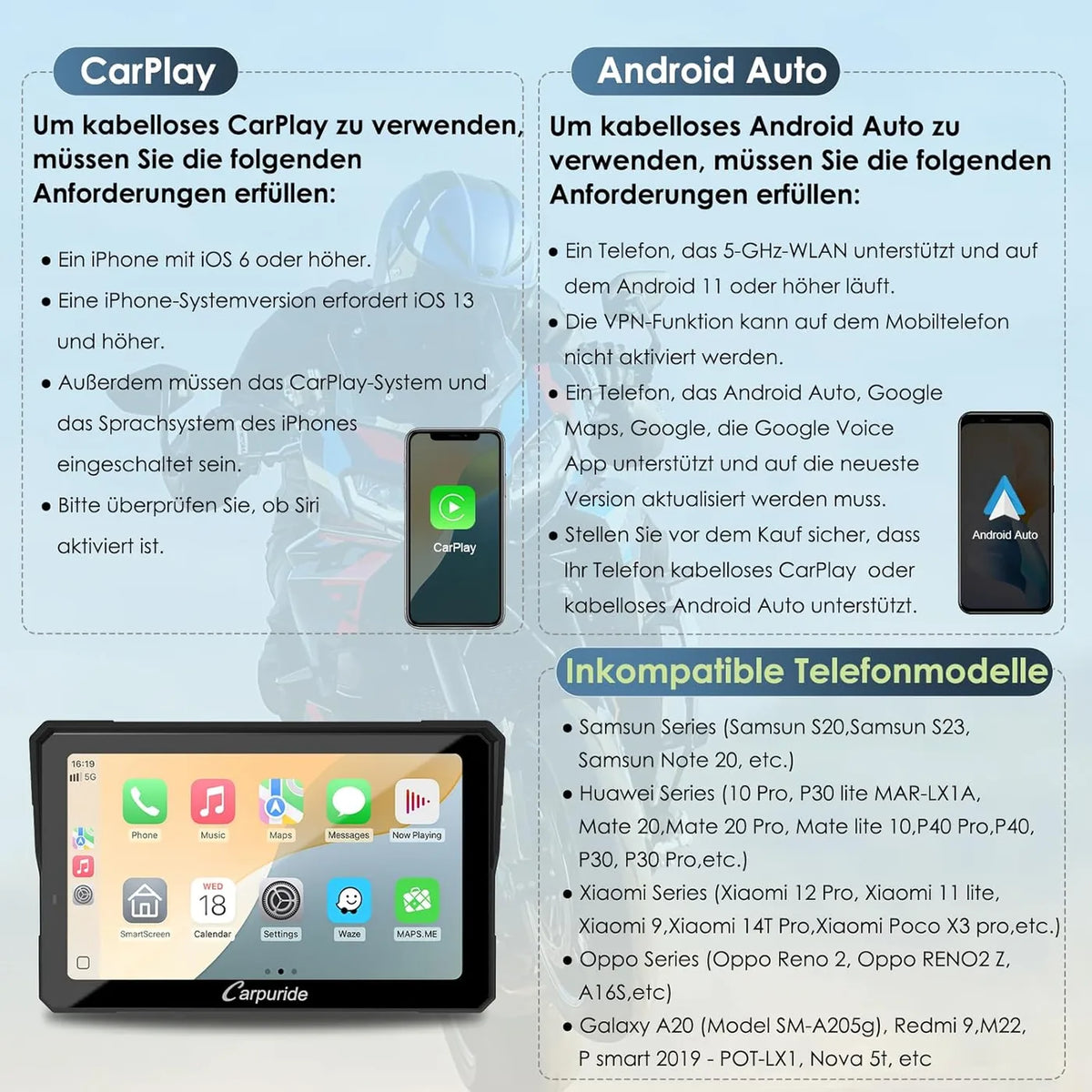 Carpuride W702BS Pro 7-Zoll-CarPlay-Bildschirm für Motorräder – BMW Wonderwiel – Drahtloses CarPlay & Android Auto – Wasserdicht – Schwarz