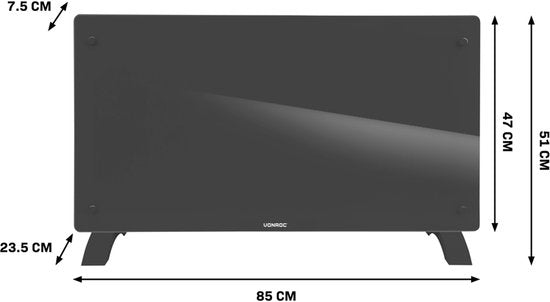 VONROC Luxury electric heater - Konvektorheizung mit Glasscheibe - 1250W/2500W- Beheizt Räume bis zu 30m2 - Gesteuert sowohl mit App (über Wifi) als auch manuell - Einstellbarer Thermostat und Timer - Grau