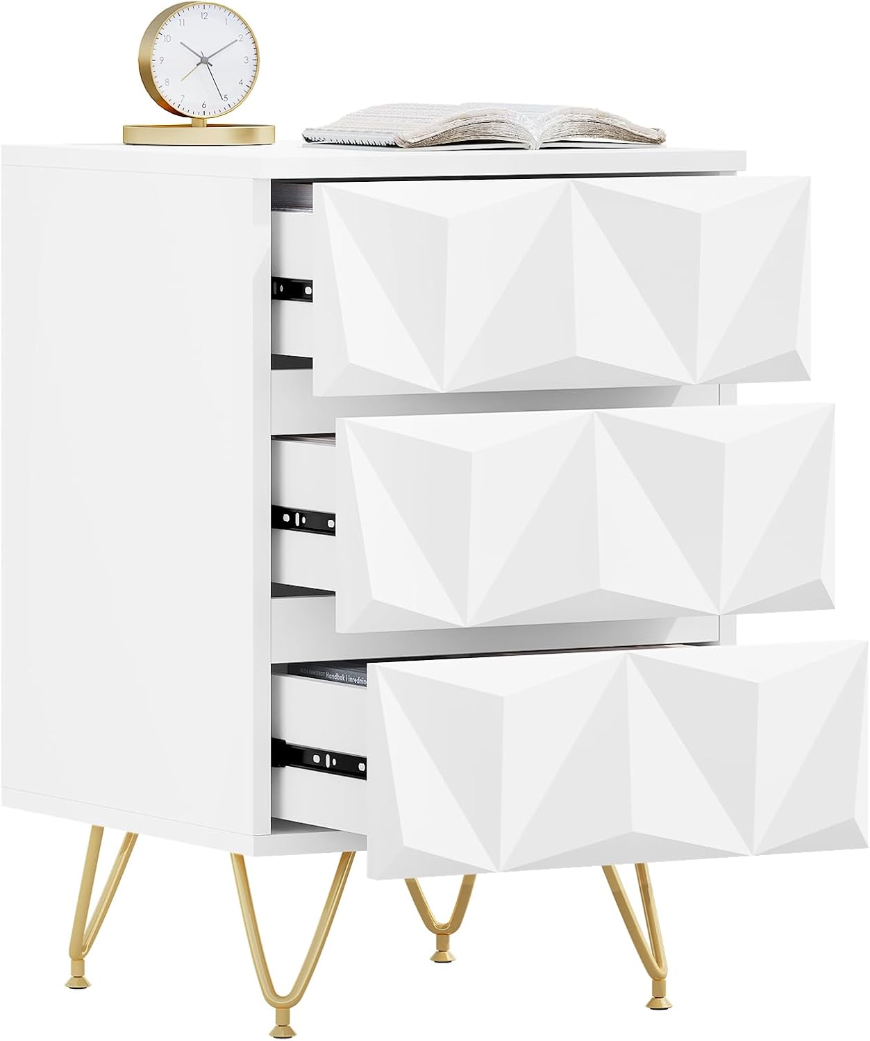 Eugad Nachttisch mit 3 Schubladen - 40x40x62,5 cm - Weiß mit Gold - Modernes 3D Design