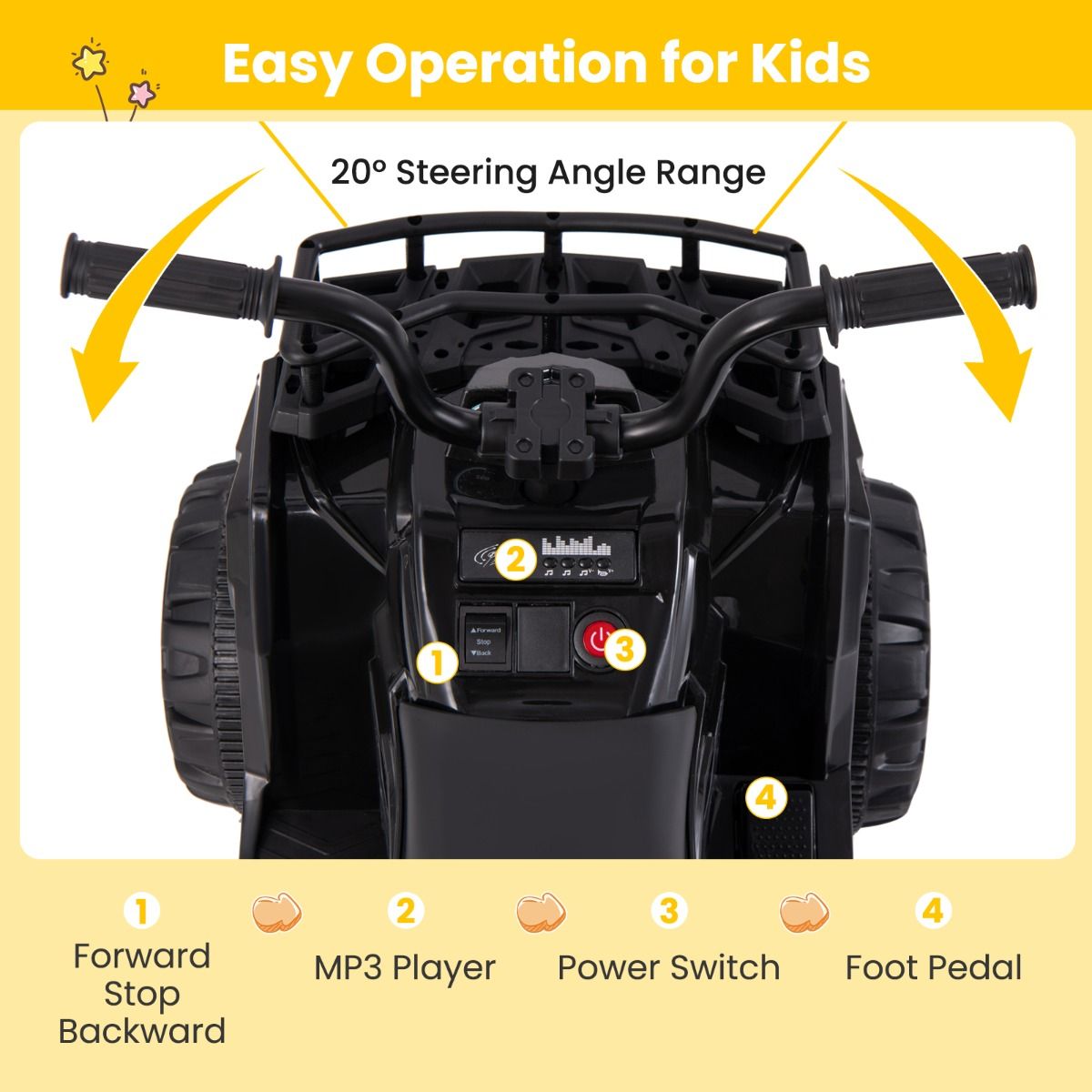 Coast Elektrisches Kinder-Quad – mit MP3-Player – Vorwärts- und Rückwärtsgang – schwarz