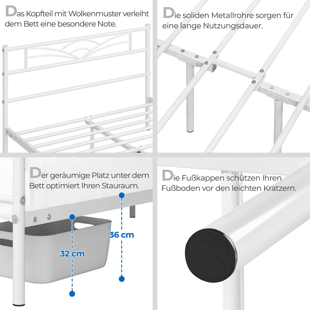 Yaheetech Bettrahmen 140 × 200 cm - Weißes Metall - Mit Wolkenmuster Kopf- und Fußteil und 32 cm Stauraum