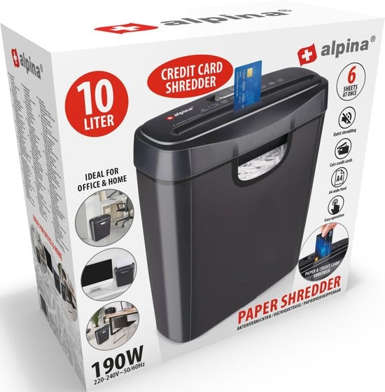 alpina - Aktenvernichter für 6 Blatt und Kreditkarten - 10L Abfallbehälter - Überhitzungsschutz - Schwarz