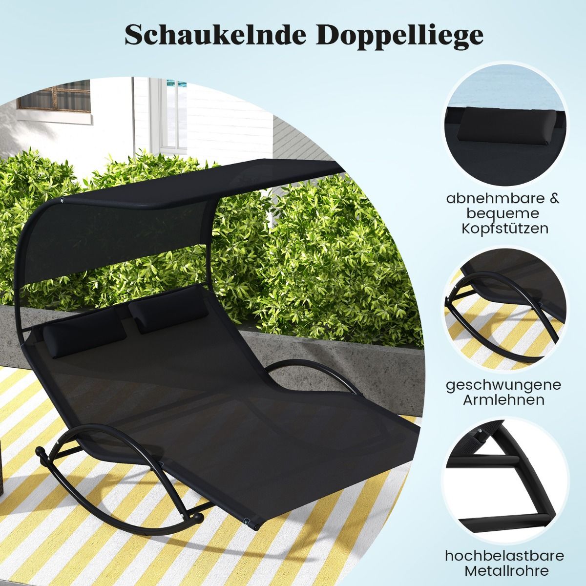 Coast 2-Personen-Schaukelstuhl mit Sonnendach - 182 x 137 x 165 cm - Schwarz