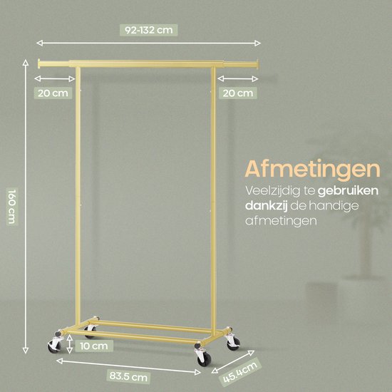 O'DADDY® Kleiderständer auf Rädern - Kleiderständer - Verstellbarer Kleiderständer - Ausziehbarer Kleiderständer - Stabil bis zu 90 kg - Aufbewahrungsständer - Gold - 160 cm