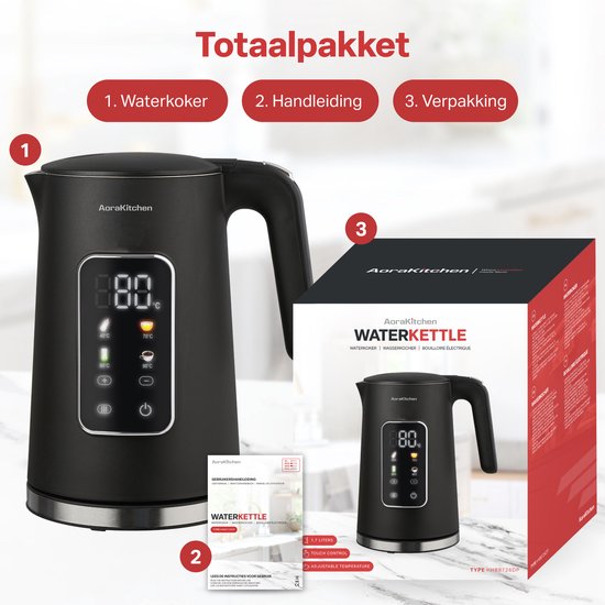AoraKitchen Wasserkocher - LED-Touchscreen - Einstellbare Temperaturregelung - Wasserkocher - 1.7L - Elektrisch - Cool Touch - Schwarz