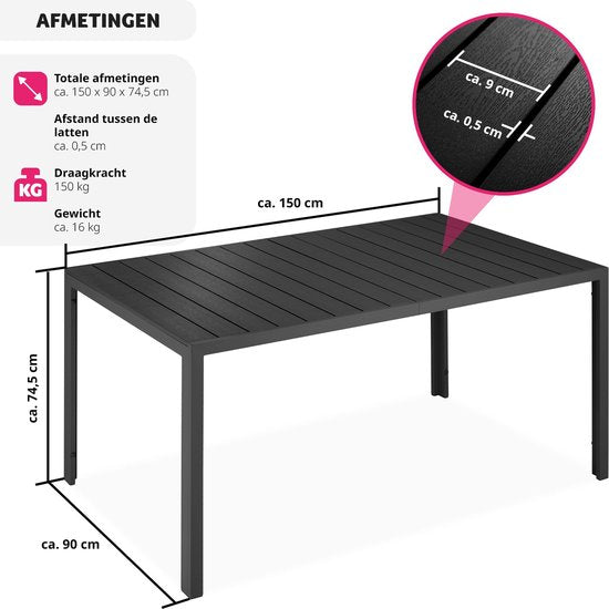 tectake - Gartentisch 150 x 90 x 74,5 cm - Witterungsbeständig, einfache Montage - Verstellbar - Aluminiumgestell mit Kunststofftischplatte - schwarz