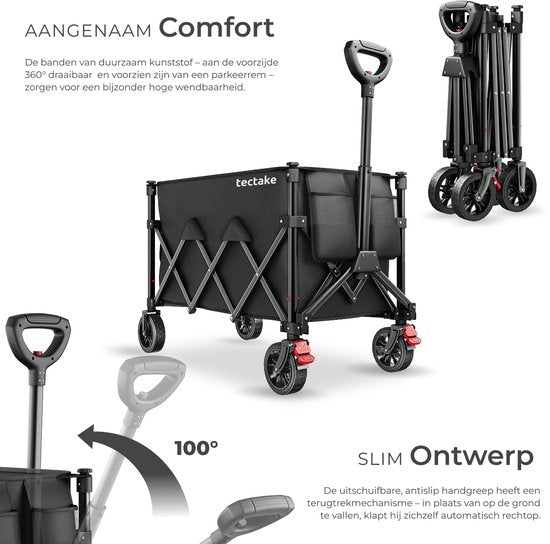 tectake® Handkarren – Zusammenklappbar – 80 kg Tragkraft – Schwenkbare Vollgummiräder mit Bremse – 45 x 88 x 95 cm - Handkarren – Transportwagen – Mit verstellbarer Schubstange – Handkarren – Wasserabweisender Transportwagen – Mit Ablagebrett und Innenfac