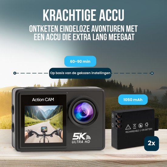 Strex - Action Cam - 5K - 50MP - 60FPS - 30M Wasserdicht - WiFi - Touchscreen - inkl. Zubehör - Schwarz