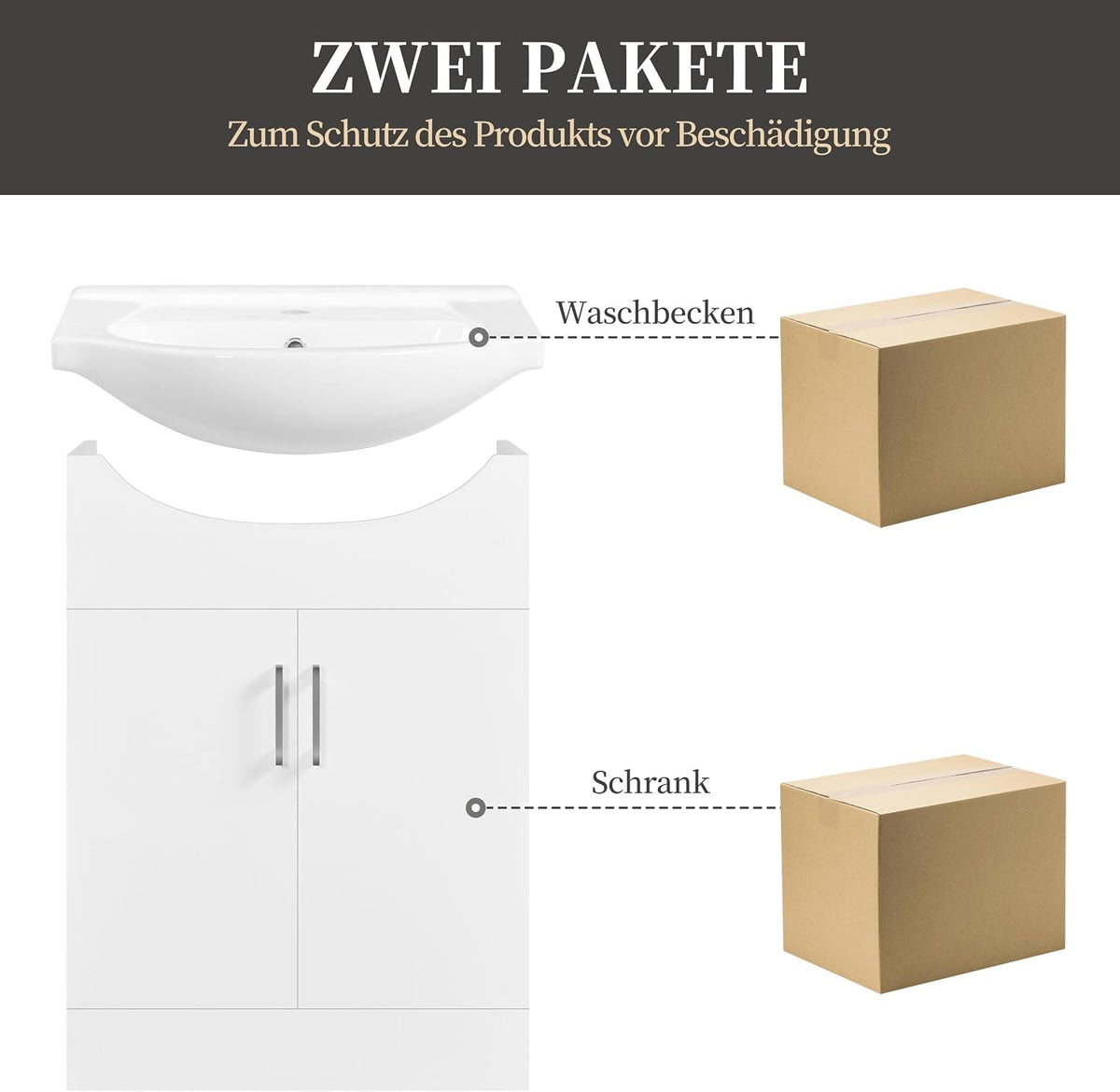 Yaheetech Badezimmerschrank mit Waschbecken – Weiß Hochglanz – 61 x 43,5 x 84 cm – Freistehend, Keramik-Waschbecken