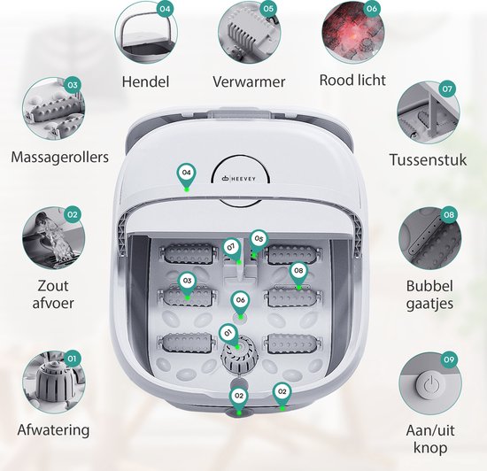 Heevey - Elektrisches Fußbad - Fußbad mit Massage - Fußmassagegerät - Heizung bis 45°C - 6 Massagerollen - klappbar - inkl. Badesalz