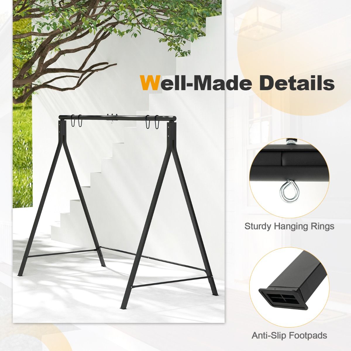 Coast Frame für Swing Bench/Hangchair - 5 Aufhängeringe - Metall Schwarz -210 x 115 x 175 cm - Max 160kg