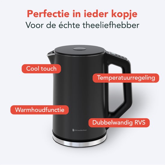 KitchenBrothers Wasserkocher - Elektrisch - 1,5L - 2200W - Einstellbare Temperaturregelung - Doppelwandig - Edelstahl-Wasserkocher - Schwarz