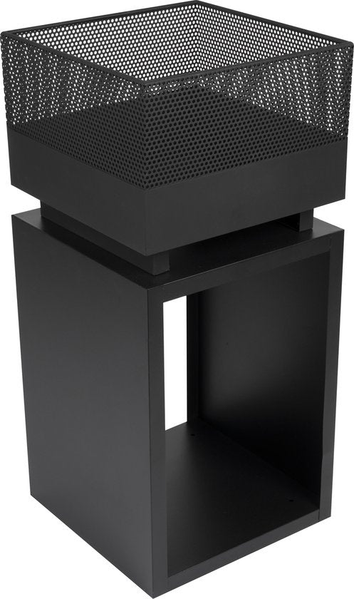 BBQ Collection - Feuerkorb mit Funkenschutz - Gartenkamin 39 x 39 x 85 cm - Outdoor-Kamin mit Pfahl und Brennholzlager - Holzofen für Garten und Terrasse - Outdoor-Ofen für Holz - Carbonstahl