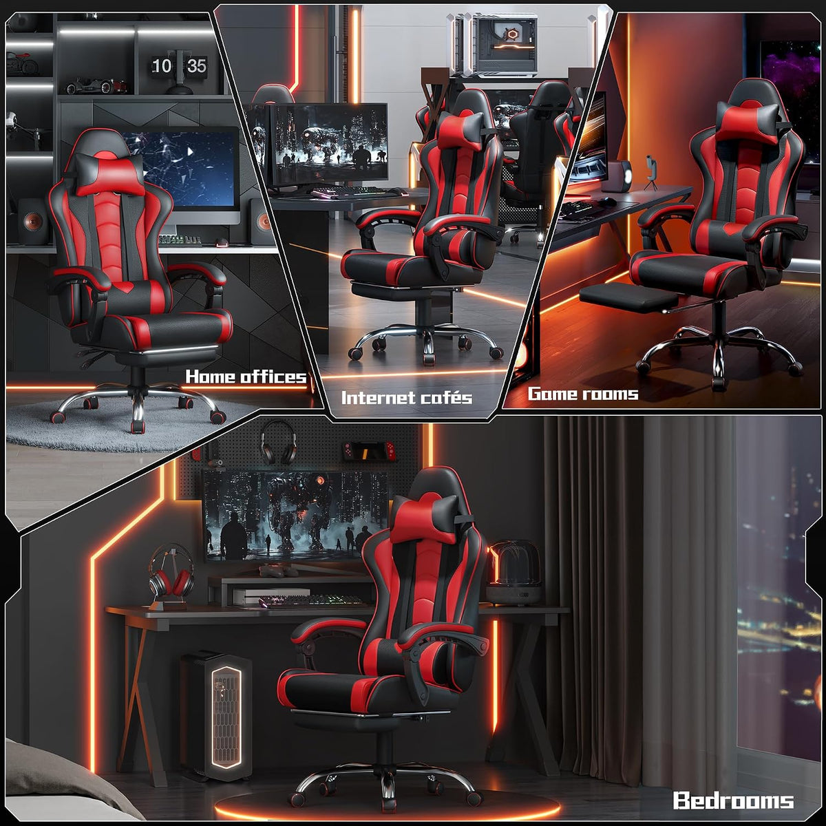 Yaheetech ergonomischer Gaming-Stuhl – Fußstütze und Massagekissen – Schwarz/Rot