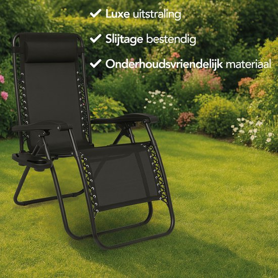 Brixy Faltbarer Gartenstuhl - Liegestuhl - Faltbar - Verstellbar - Ergonomisches Kopfkissen - Metall - Textil - Schwarz