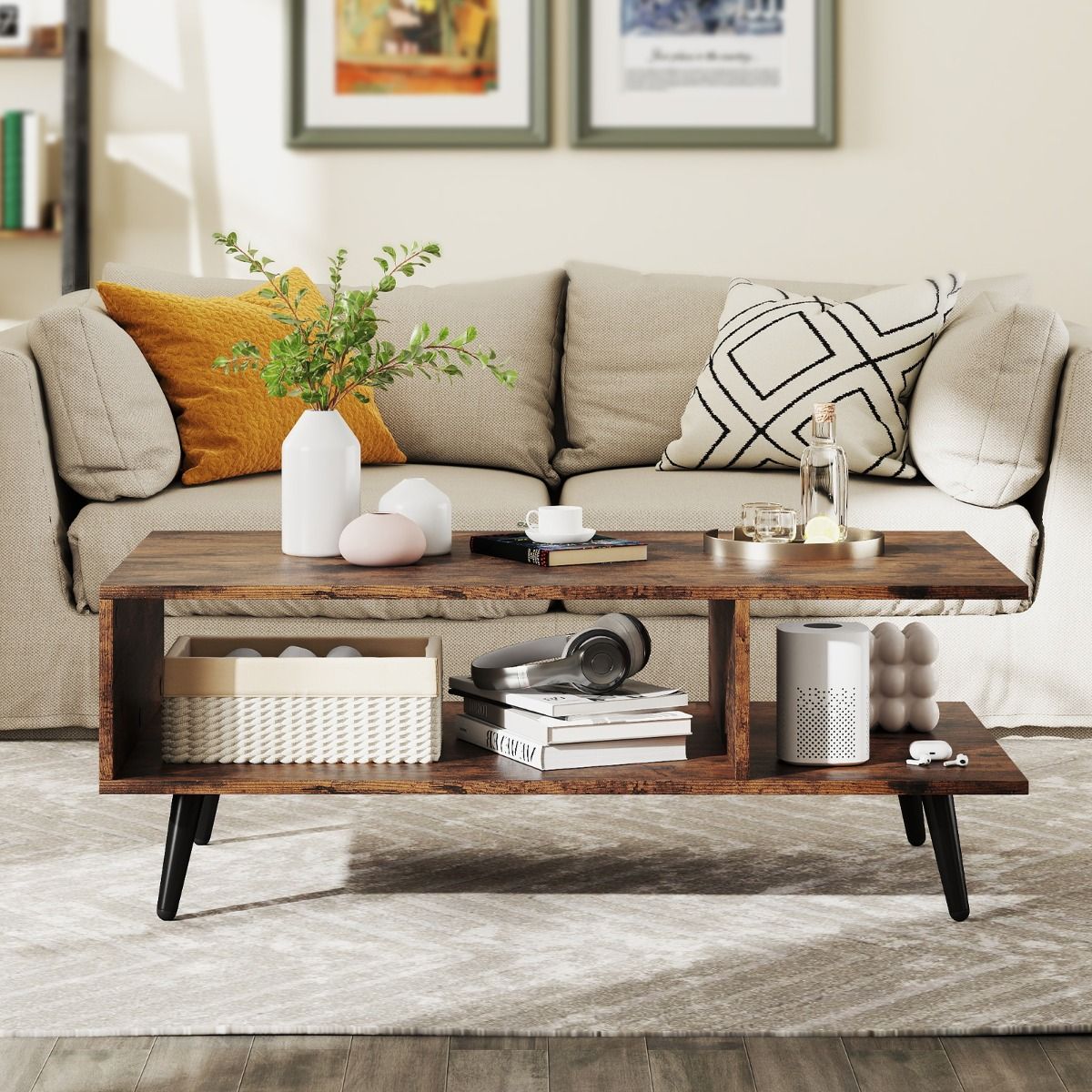coast Couchtisch 2-stöckig - rustikal braun - 80 x 45 x 30 cm - offene Ablage & Metallbeine