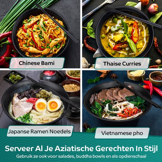 Homewize - Ramen Bowl 3x - Set 14-teilig - Nudelschüssel-Set mit Suppenlöffel & Essstäbchen - stark & spülmaschinenfest - schwarz